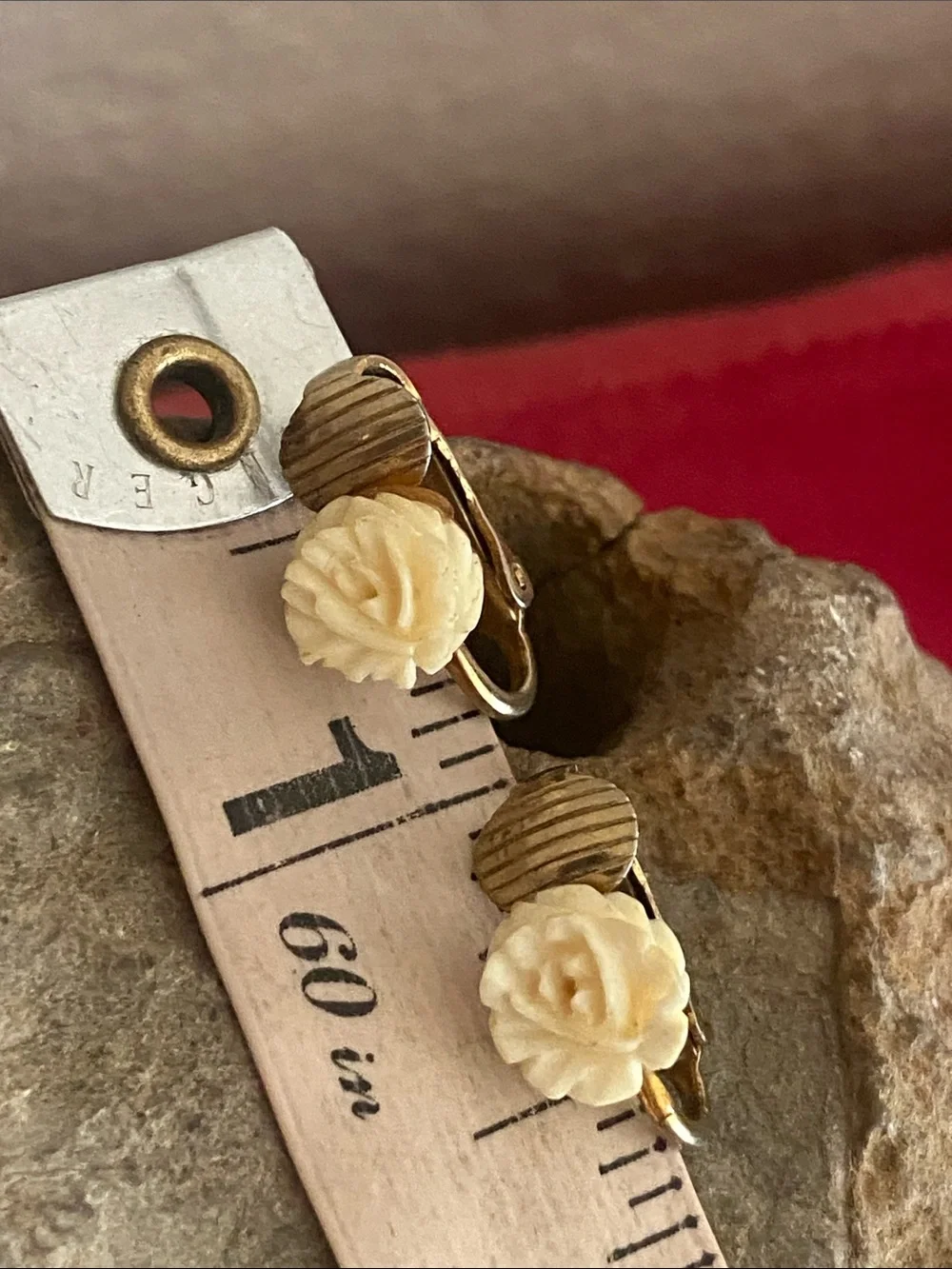 Vintage Carved Celluloid Rose Broach & Clip Earrings Set